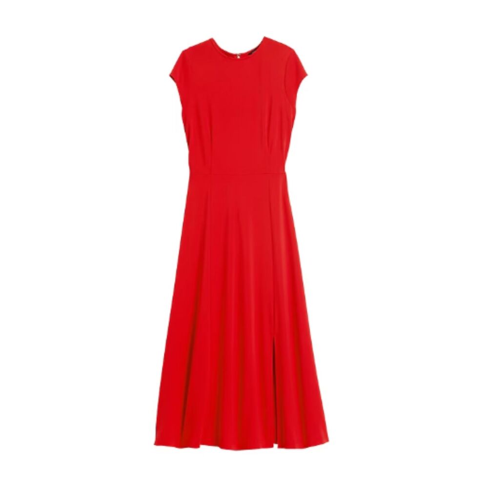 Banana Republic Soft Ponte Midi Dress with Slit Size 2 Cap Sleeve Ultra Red